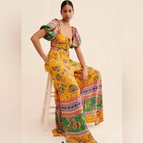 Free People Bali Citrus Skies Jumpsuit – Size L– Ruched Bodice, Cutouts, - Picture 5 of 15